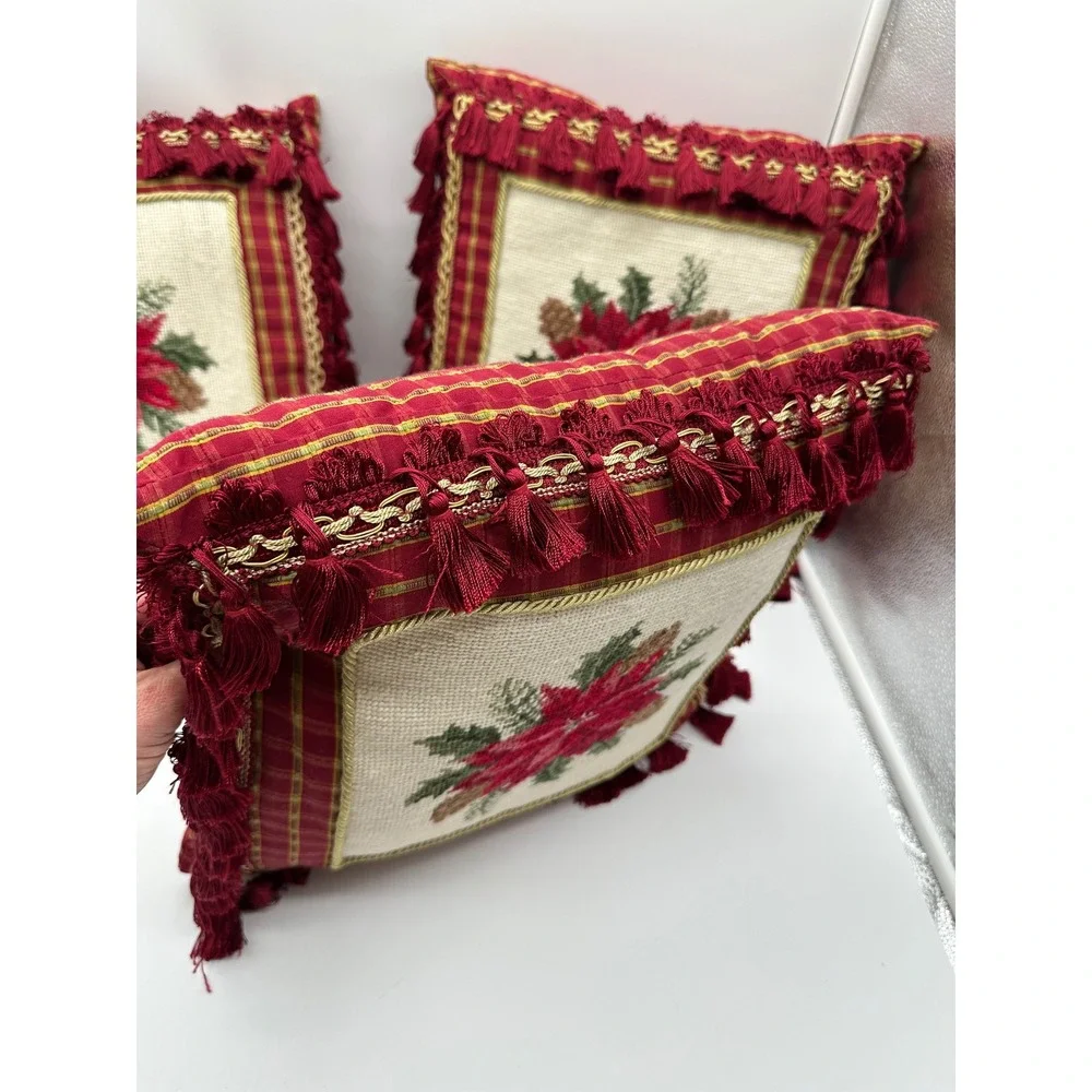 Set of 3 Christmas Poinsettia Needlepoint Throw Pillows Red Plaid Tassel Trim
